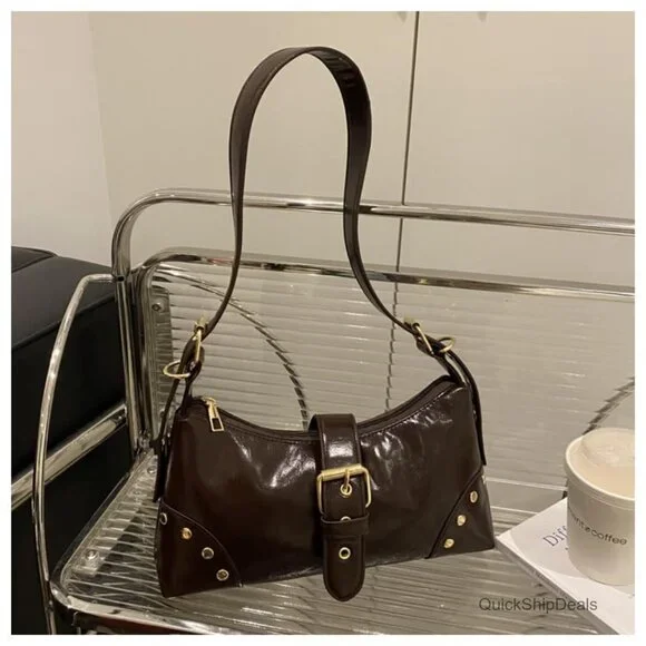 PU Leather Shoulder Bag with Adjustable Strap Studded Vintage Purse - Picture 3 of 6